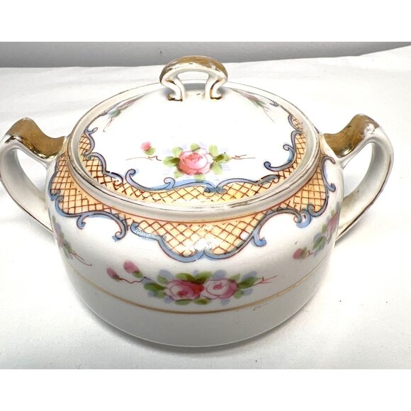 Nippon Vintage Hand-Painted Porcelain Sugar Bowl With Lid & Floral Design - Picture 3 of 5